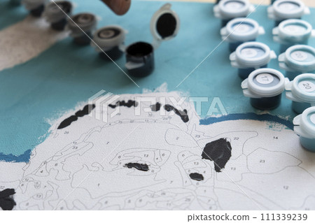 paints for drawing by numbers in blue and turquoise tones 111339239