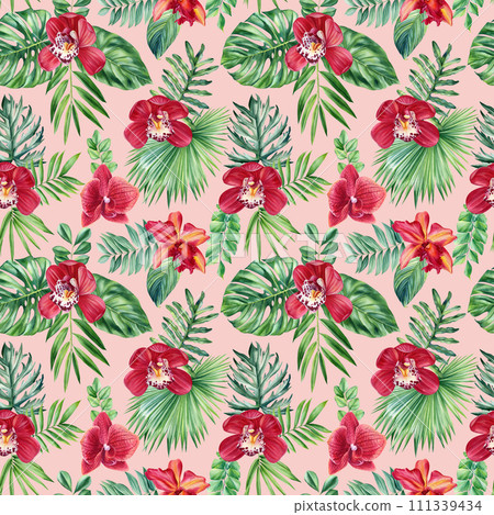Seamless watercolor floral pattern tropical background palm leaf monstera. Wallpaper Hawaiian style. Red Orchid flower  111339434
