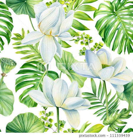 White Lotus flowers, Seamless watercolor pattern, summer background tropical palm leaf. Jungle wallpaper Hawaiian style White Lotus flowers, Seamless watercolor pattern, summer background tropical palm leaf. Jungle wallpaper Hawaiian style 111339439
