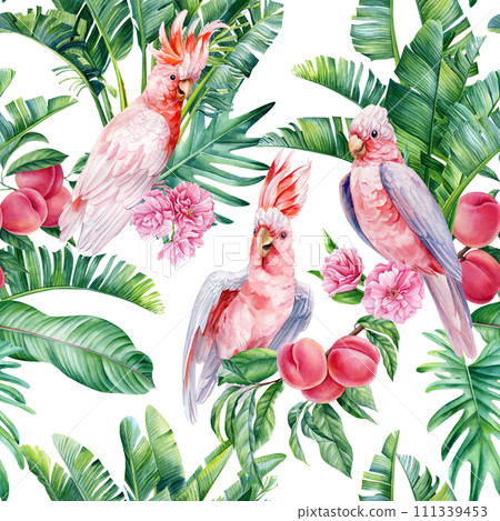 Pink cockatoo bird Seamless pattern Palm leaves, watercolor botanical painting Jungle leaf, fruit peach. Tropic wildlife Pink cockatoo bird Seamless pattern Palm leaves, watercolor botanical painting Jungle leaf, fruit peach. Tropic wildlife 111339453