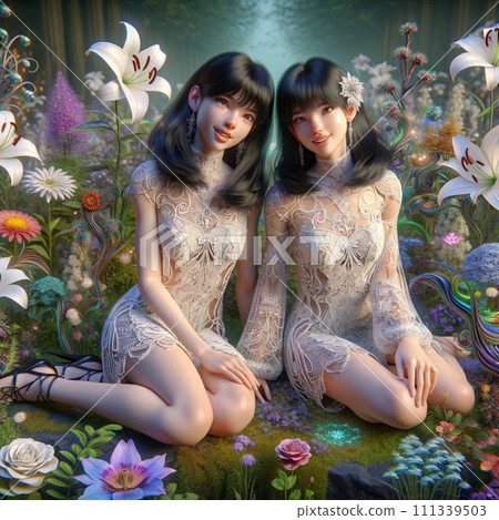 Girls in the flower garden: two with semi-long black hair 111339503