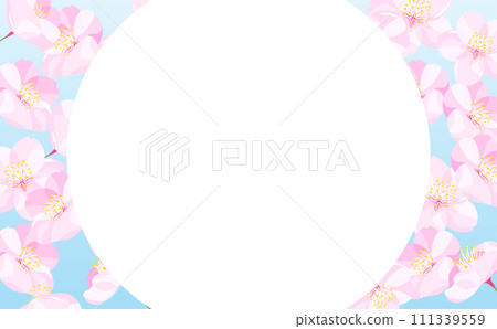 Circular blue sky spring frame with copy space of simple and stylish cherry blossom petals in full bloom that can be used as background or title Circular blue sky spring frame with copy space of simple and stylish cherry blossom petals in full bloom that can be used as background or title 111339559
