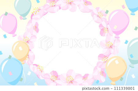 A cute pop and colorful spring frame with cherry blossom petals in full bloom and balloons, perfect for events. 111339801