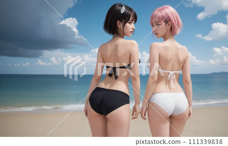 [人物]海灘與泳裝女子插畫素材（AI生成影像） 111339838