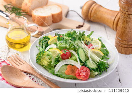 Vegetable salad with plenty of seasonal vegetables, refreshing with salt and olive oil 111339930