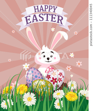 Happy Easter poster eggs hunt, white cute bunny with color eggs 111340045