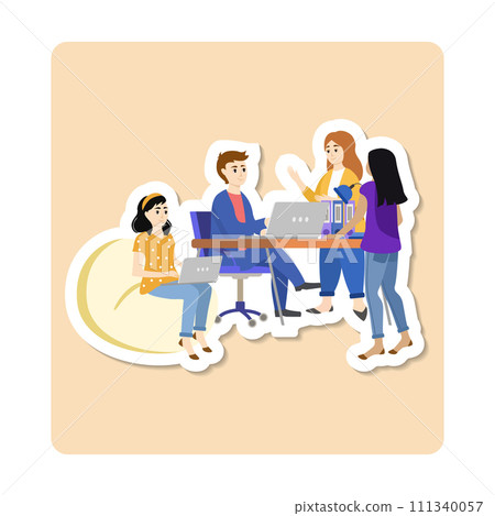Business people characters working in the office. Minimal co-working space. Group of working office employees. Startup vector sticker illustration. Business people characters working in the office. Minimal co-working space. Group of working office employees. Startup vector sticker illustration. 111340057