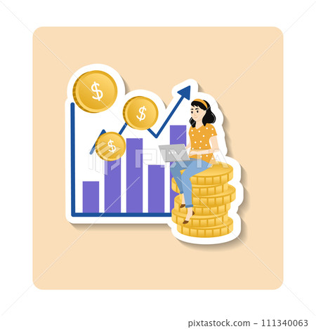 Salary sticker illustration. Woman earning money from online. Female person sitting on money coins with laptop computer and graphics. Vector sticker illustration. Salary sticker illustration. Woman earning money from online. Female person sitting on money coins with laptop computer and graphics. Vector sticker illustration. 111340063