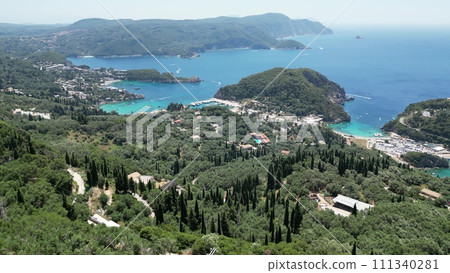 Greece, Corfu, Summer 2023. Bird's eye view of the beach Paleokastrica, incredibly beautiful place overlooking the many beaches of Corfu 111340281