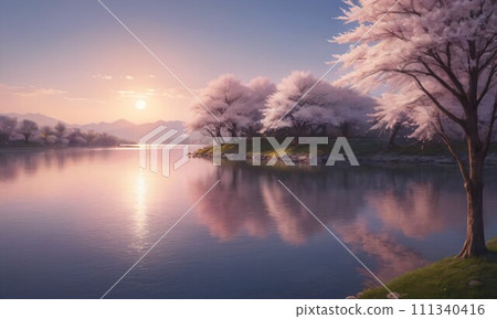 [Background] Cherry blossoms fantasy landscape illustration material (AI generated image) 111340416