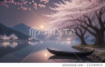 [Background] Cherry blossoms fantasy landscape illustration material (AI generated image) 111340419