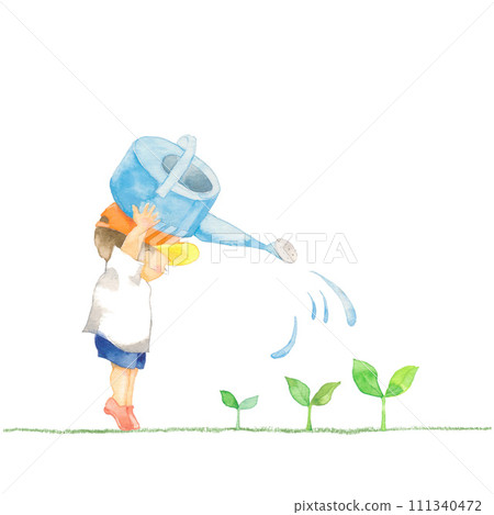 一個男孩給豆芽澆水，水從噴壺流出來 111340472