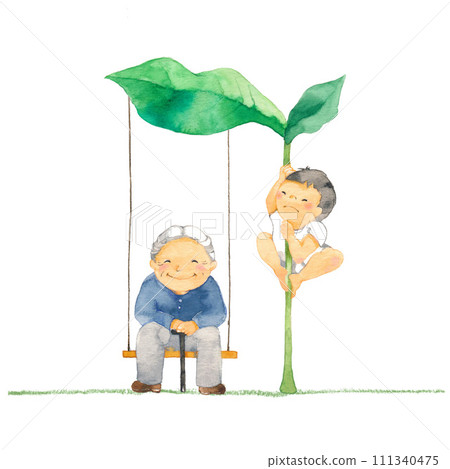 A child climbs on a large leaf, and an old man sits on a swing. 111340475