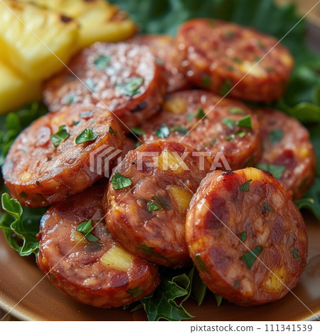pieces of fried sausage close-up 111341539