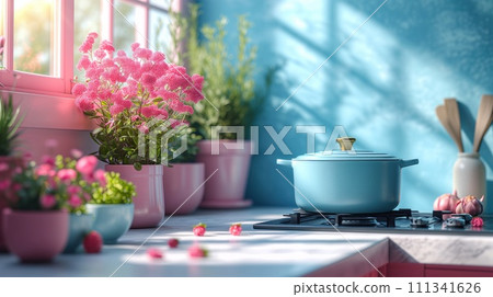 pan on kitchen stove cooking 111341626