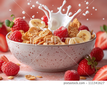 splashes of milk in bowl with cereals and fruits splashes of milk in bowl with cereals and fruits 111341627
