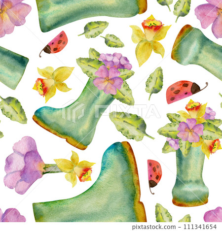 Hand drawn watercolor illustration spring gardening, rubber wellington boots with flowers and leaves, ladybug. Seamless pattern isolated white background. Design print, shop, scrapbooking, packaging Hand drawn watercolor illustration spring gardening, rubber wellington boots with flowers and leaves, ladybug. Seamless pattern isolated white background. Design print, shop, scrapbooking, packaging 111341654