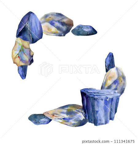 Hand drawn watercolor illustration precious semiprecious jewel gem crystal chakra birth stone. Sapphire lapis larimar. Square frame isolated on white background. Design print, shop, jewelry, fashion 111341675