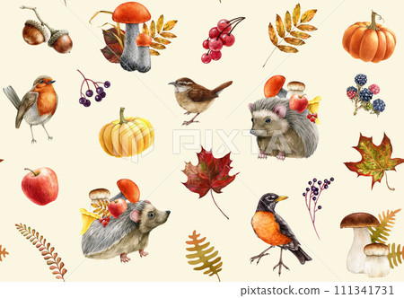 Autumn season decor seamless pattern. Watercolor painted illustration. Hedgehog, backyard birds, forest mushrooms, berries, fallen leaves seamless pattern. Autumn cozy decor in warm colors 111341731