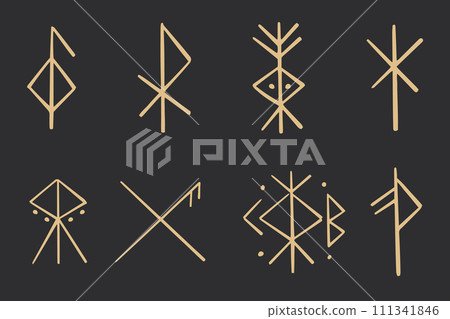 Set golden nordic celtic runes borders, norse protection symbols line style, amulet, witchcraft signs on dark background. 111341846