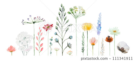 Border with watercolor summer wild flowers and leaves, colorful wedding illustration Border with watercolor summer wild flowers and leaves, colorful wedding illustration 111341911