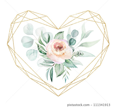 Golden heart frame with Watercolor pink flowers and green leaves, Valentines or wedding illustration Golden heart frame with Watercolor pink flowers and green leaves, Valentines or wedding illustration 111341913