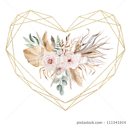 Golden heart frame with beige and green watercolor tropical leaves and flowers, Boho illustration Golden heart frame with beige and green watercolor tropical leaves and flowers, Boho illustration 111341914