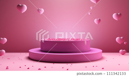 Pink podium stage with hearts on pink background. Valentine's day concept banner. For greeting card, logo, sale, product Pink podium stage with hearts on pink background. Valentine's day concept banner. For greeting card, logo, sale, product 111342133