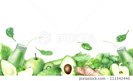 Horizontal banner, border with fruits, vegetables and green smoothies. Hand drawn watercolor food illustration isolated on white background. For clip art cards menu label package Horizontal banner, border with fruits, vegetables and green smoothies. Hand drawn watercolor food illustration isolated on white background. For clip art cards menu label package 111342440
