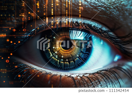 Macro view of eye with cybernetic iris, perfect for topics on surveillance, AI, biometric security, and futuristic technology in marketing materials. IT, digital world, computer data. Generative AI. 111342454