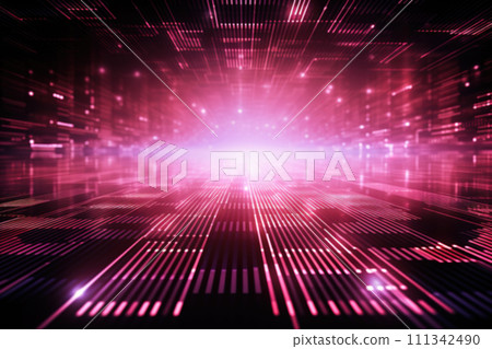 Abstract futuristic background with pink neon lights. IT, cyberspace, computer data transfer. Perfect for technology and cyber concepts. Virtual reality, artificial intelligence. Generative AI. Abstract futuristic background with pink neon lights. IT, cyberspace, computer data transfer. Perfect for technology and cyber concepts. Virtual reality, artificial intelligence. Generative AI. 111342490