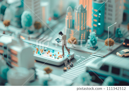 Business person having a meeting with a large smartphone (3D) Business person having a meeting with a large smartphone (3D) 111342512