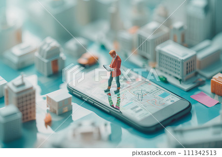 Business person having a meeting with a large smartphone (3D) Business person having a meeting with a large smartphone (3D) 111342513