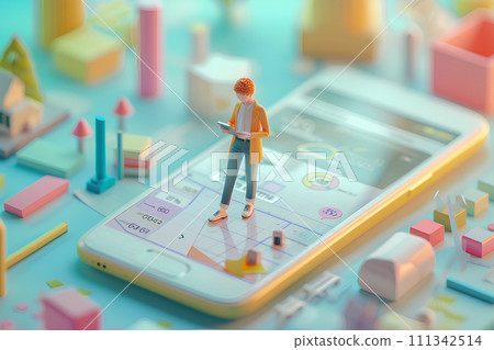 Business person having a meeting with a large smartphone (3D) Business person having a meeting with a large smartphone (3D) 111342514