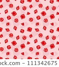 Seamless pattern of red dice for board games. Pattern of D 4, 6, 8, 10, 12 and 20 dice for board games. 111342675