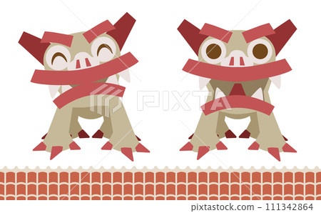 A cute stucco shisa sitting on a red tile 111342864