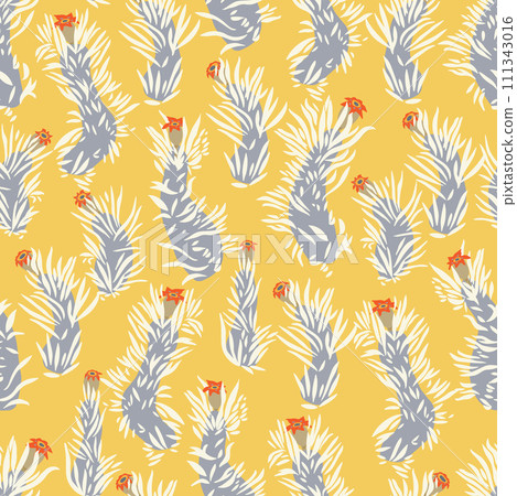 Moss drawing on yellow background. Hand drawn cartoon style seamless pattern. 111343016