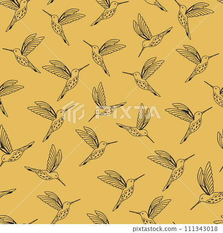 Black hummingbird outline on yellow background. Hand drawn seamless pattern. 111343018