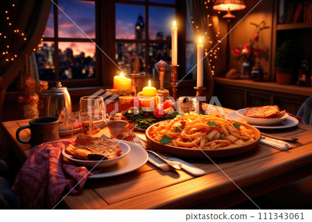 Cozy family Christmas dinner. Festive serving with candles Cozy family Christmas dinner. Festive serving with candles 111343061