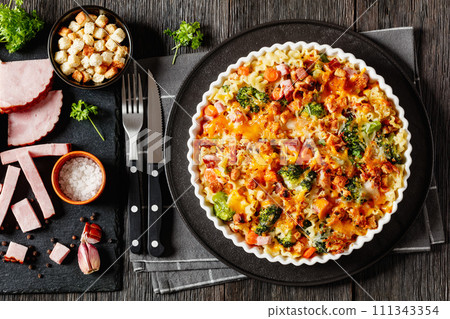 Ham Broccoli Pasta Bake with cheese and croutons Ham Broccoli Pasta Bake with cheese and croutons 111343354