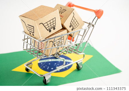 Box with shopping online cart logo and Brazil flag, Import Export Shopping online or commerce finance delivery service store product shipping, trade, supplier. Box with shopping online cart logo and Brazil flag, Import Export Shopping online or commerce finance delivery service store product shipping, trade, supplier. 111343375