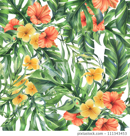 Tropical palm leaves, monstera and flowers of plumeria, hibiscus, bright juicy. Hand drawn watercolor botanical illustration. Seamless pattern on a white background Tropical palm leaves, monstera and flowers of plumeria, hibiscus, bright juicy. Hand drawn watercolor botanical illustration. Seamless pattern on a white background 111343453