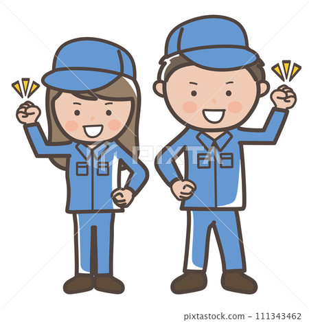 Illustration of male and female cleaners and workers wearing work clothes doing a fist pump and showing off their spirits 111343462