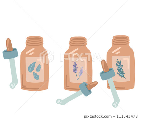 Set of flat designed bottles with aroma oils mint and lavender Set of flat designed bottles with aroma oils mint and lavender 111343478