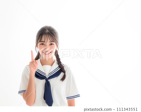 School girls who stand up their forefingers School girls who stand up their forefingers 111343551