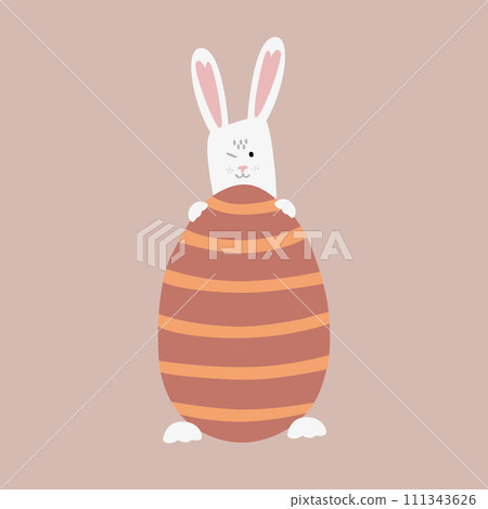 Funny bunny holding a big Easter egg. Cute rabbit with a winking face. Isolated vector illustration Funny bunny holding a big Easter egg. Cute rabbit with a winking face. Isolated vector illustration 111343626