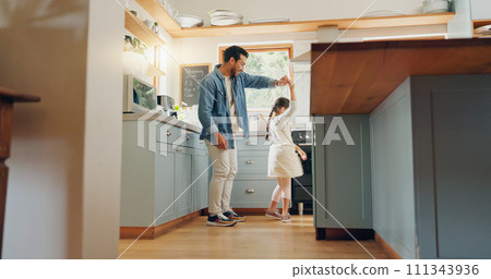 Support, love and ballet girl bonding with father in a kitchen together, excited and playing as a dancer pr ballerina. Tutu, dad and man dancing with kid with motivation or happiness in house or home Support, love and ballet girl bonding with father in a kitchen together, excited and playing as a dancer pr ballerina. Tutu, dad and man dancing with kid with motivation or happiness in house or home 111343936