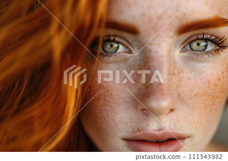 Intense Gaze of Woman with Red Hair and Freckles Intense Gaze of Woman with Red Hair and Freckles 111343982