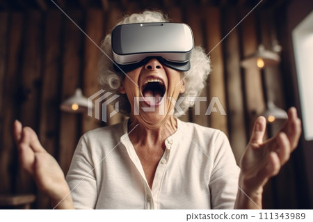 Joyful Senior Woman Experiencing Virtual Reality 111343989