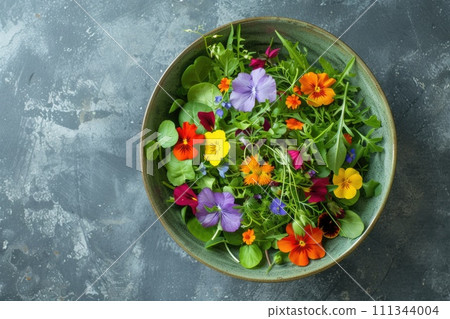 Edible Flowers in Green Bowl 111344004